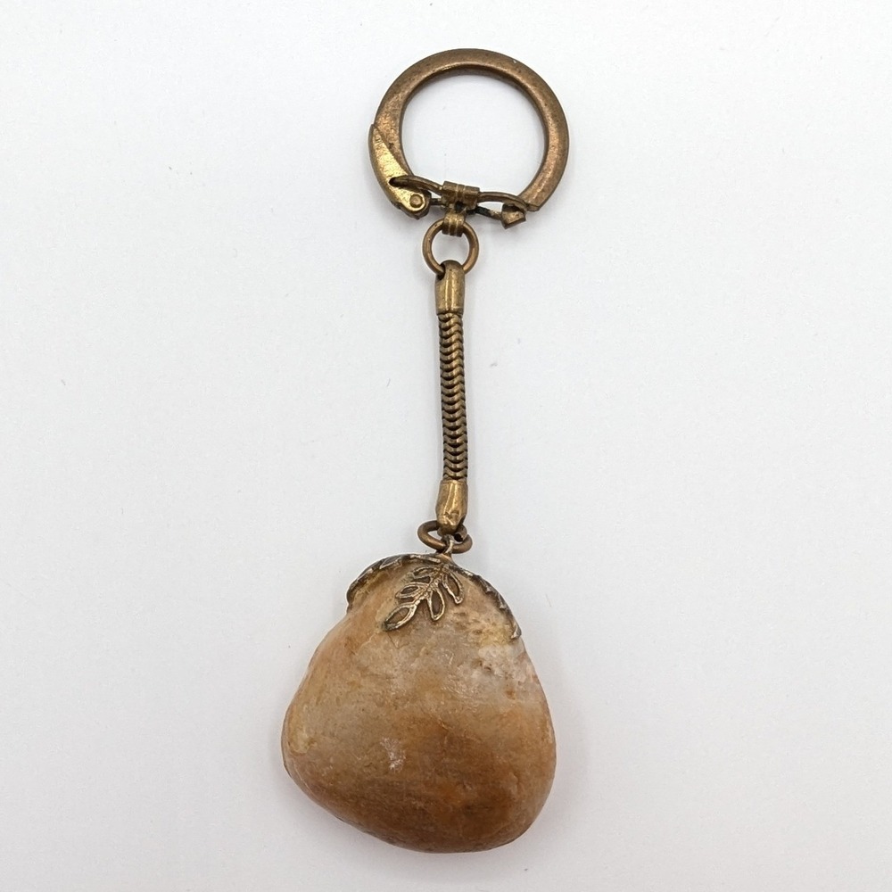 Vintage Brass Leaf Filigree Natural Stone Keychain‎ Boho Snake Chain Accessor